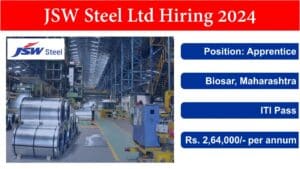 JSW Steel Ltd Hiring 2024 | Apprentice | Biosar, Maharashtra | Rs. 2,64,000/- per annum | ITI Pass | Freshers.