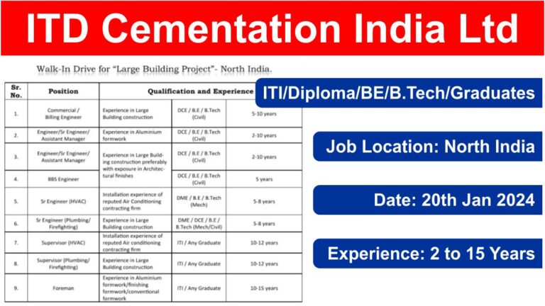 ITD Cementation India Ltd Hiring 2024