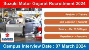 Suzuki Motor Gujarat Recruitment 2024 | Suzuki Motor में आईटीआई के लिए निकली बंपर भर्ती