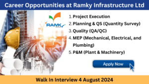 Career Opportunities at Ramky Infrastructure Ltd: Walk In Interview 4 August 2024, Hiring for Multiple Positions