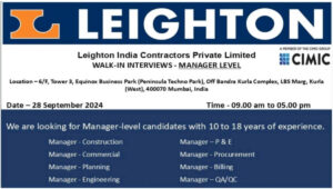 Leighton India Contractors Private Limited Vacancy: For Manager level Positions