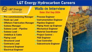 L&T Energy Hydrocarbon Careers: Recruitment for Multiple Positions in EPC Projects | Walk-in Interview 21st Sep 2024