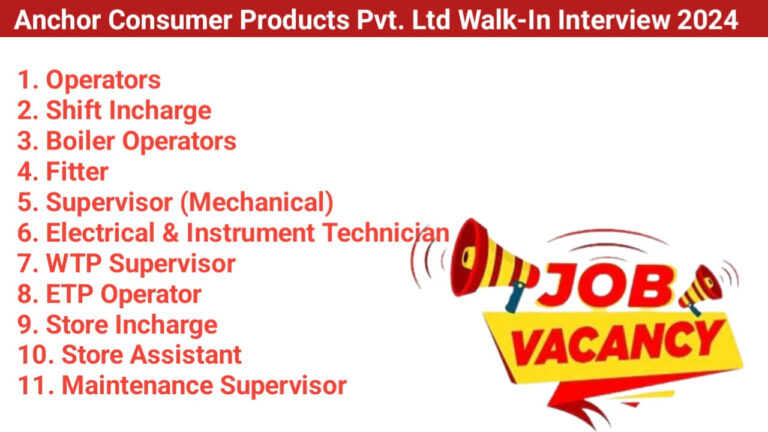 Anchor Consumer Products Pvt. Ltd Walk-In Interview 2024 | For 10th, 12th, ITI, Diploma, B.E, B.Tech And B.sc,