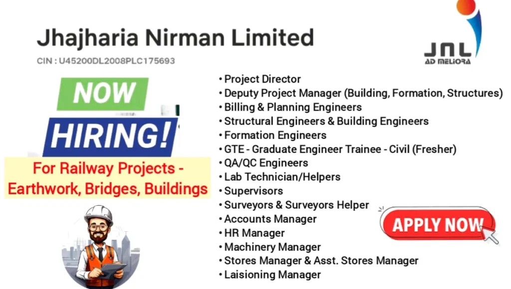 Jhajharia Nirman Limited Hiring 2024 | For Chunar-Chopan Doubling Project under North Central Railway