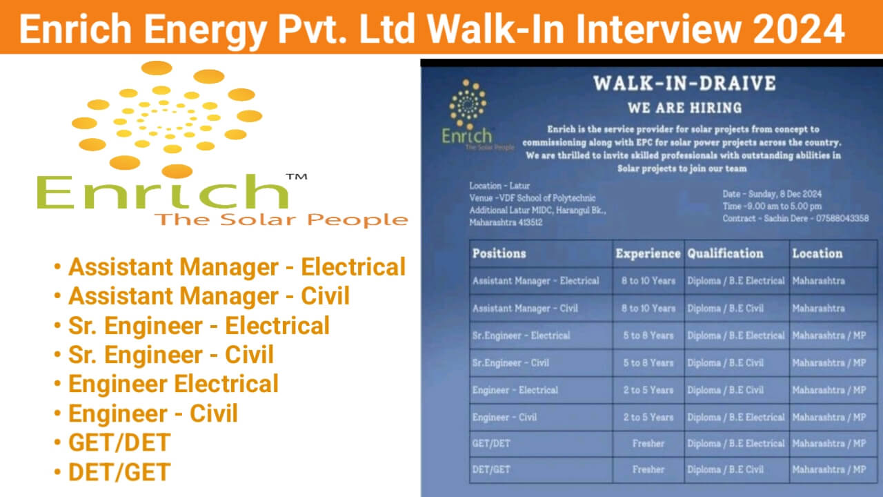 Enrich Energy Pvt. Ltd Walk-In Interview 2024 | Freshers Engineer Jobs Near Me