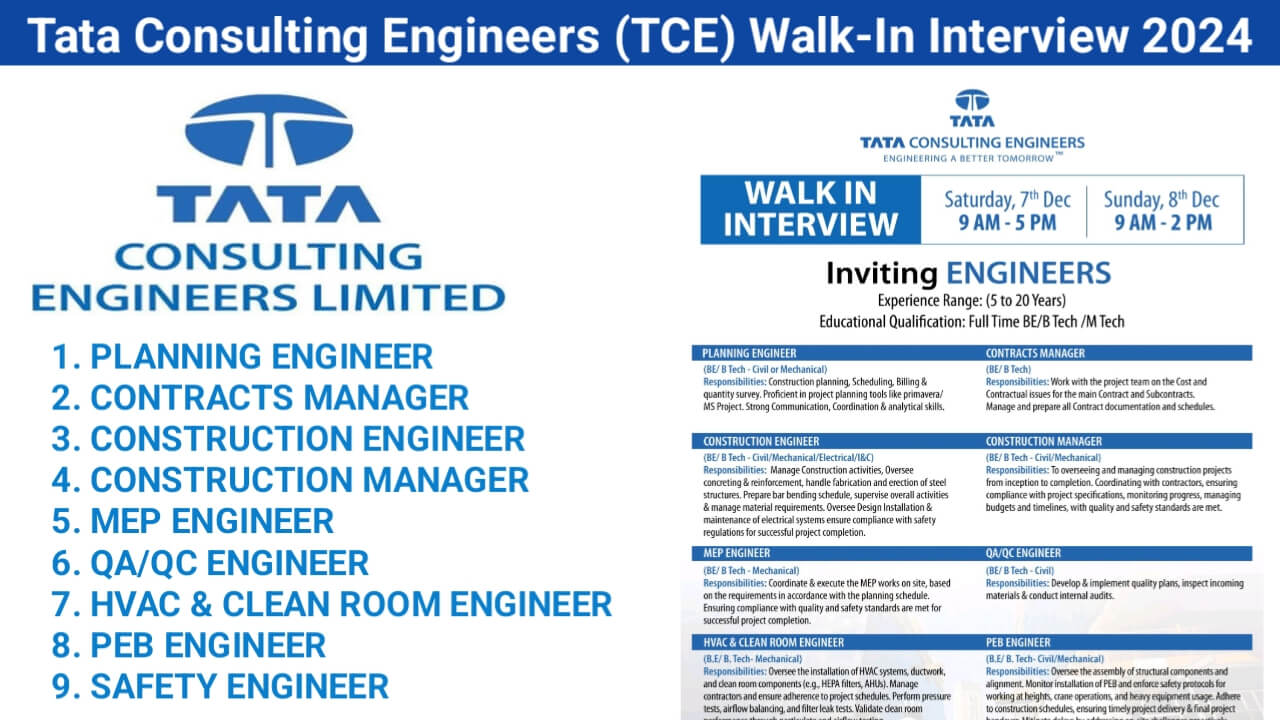 Tata Consulting Engineers (TCE) Walk-In Interview 2024 | 7th Dec And 8th Dec 2024