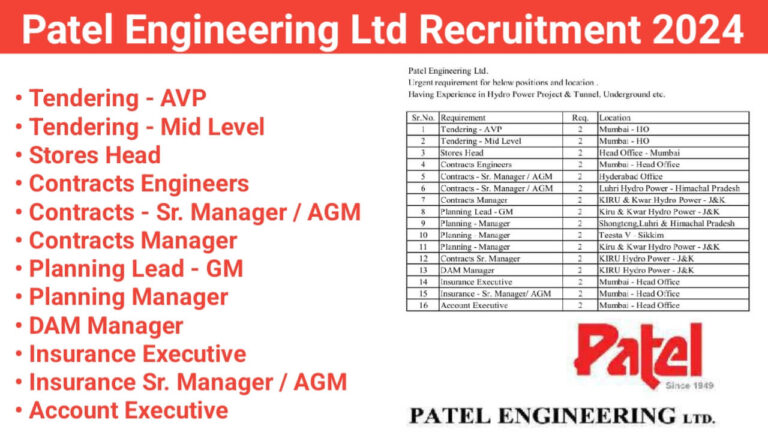 Patel Engineering Ltd Recruitment 2024 | For Hydro Power and Tunnel Projects