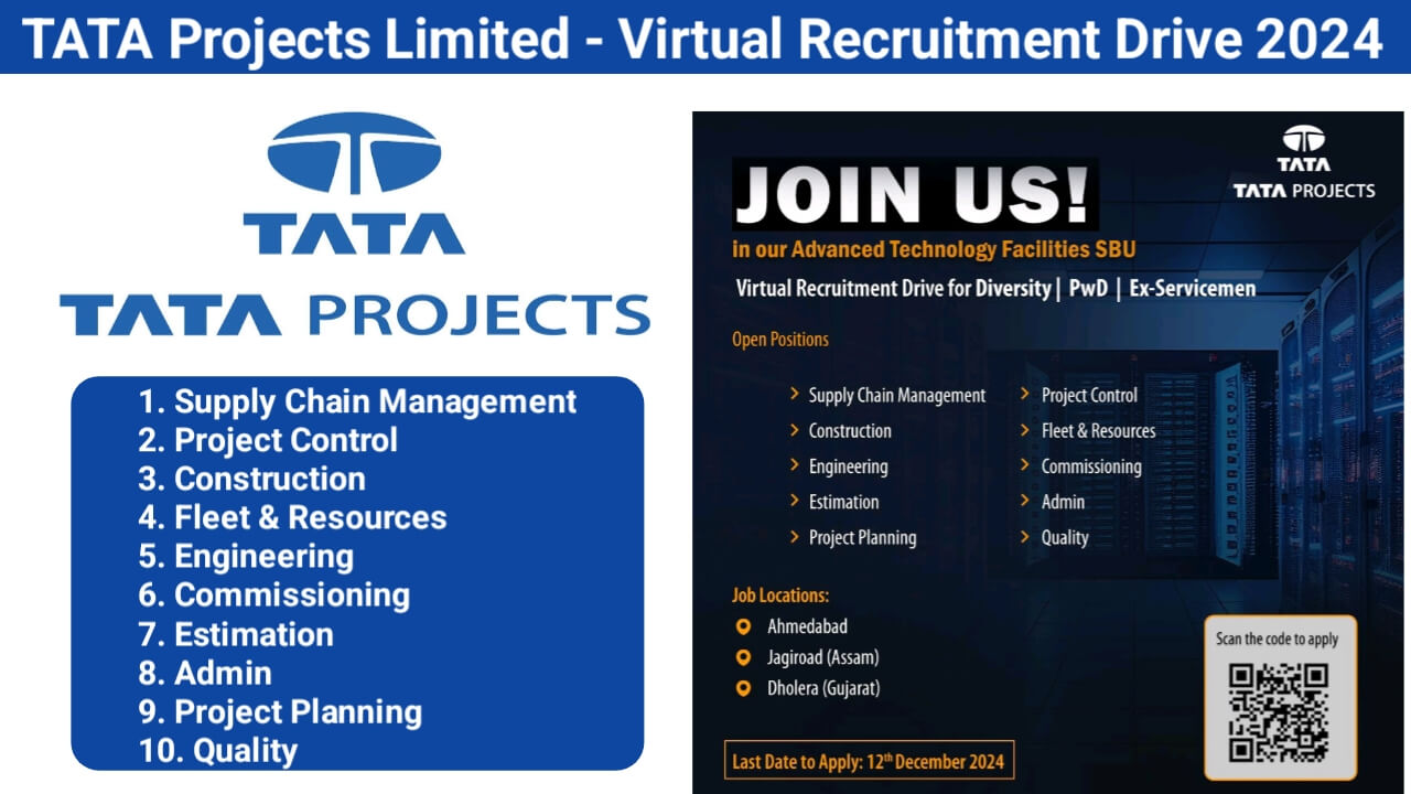 TATA Projects Limited - Virtual Recruitment Drive 2024 | Job Location: Ahmedabad, Jagiroad (Assam) And Dholera (Gujarat