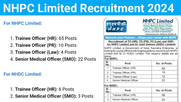 NHPC Limited Recruitment 2024 | For Trainee Officer And Senior Medical Officer