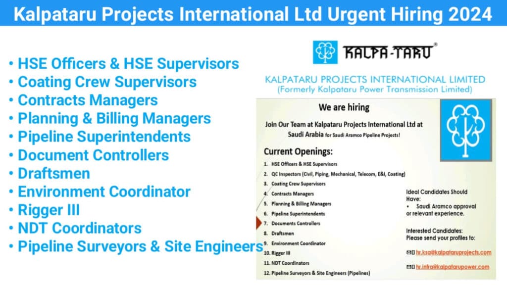 Kalpataru Projects International Ltd Urgent Hiring 2024