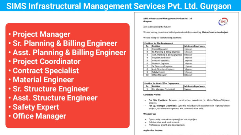 SIMS Infrastructural Management Services Pvt. Ltd. Gurgaon Hiring 2024 | For Metro Projects