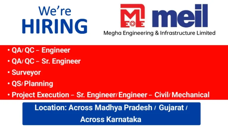 Megha Engineering & Infrastructure Limited (MEIL) New Vacancy | For Irrigation and PSP Projects across Karnataka.