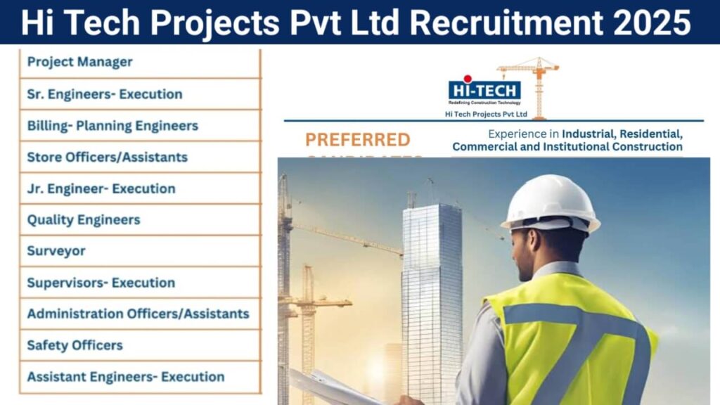 Hi Tech Projects Pvt Ltd Recruitment 2025 | For Supervisors - Execution, Safety Officers, Quality Engineers, Billing/Planning Engineers