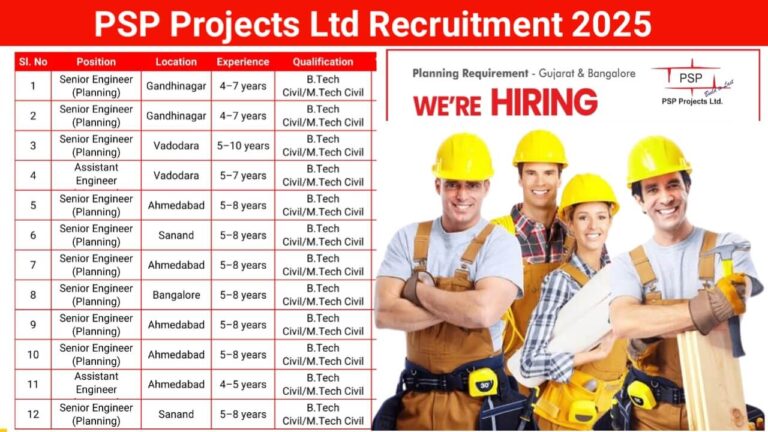 PSP Projects Ltd Careers: Recruitment for Multiple Positions in Gujarat and Bangalore | Jobs in Gujarat and Bangalore