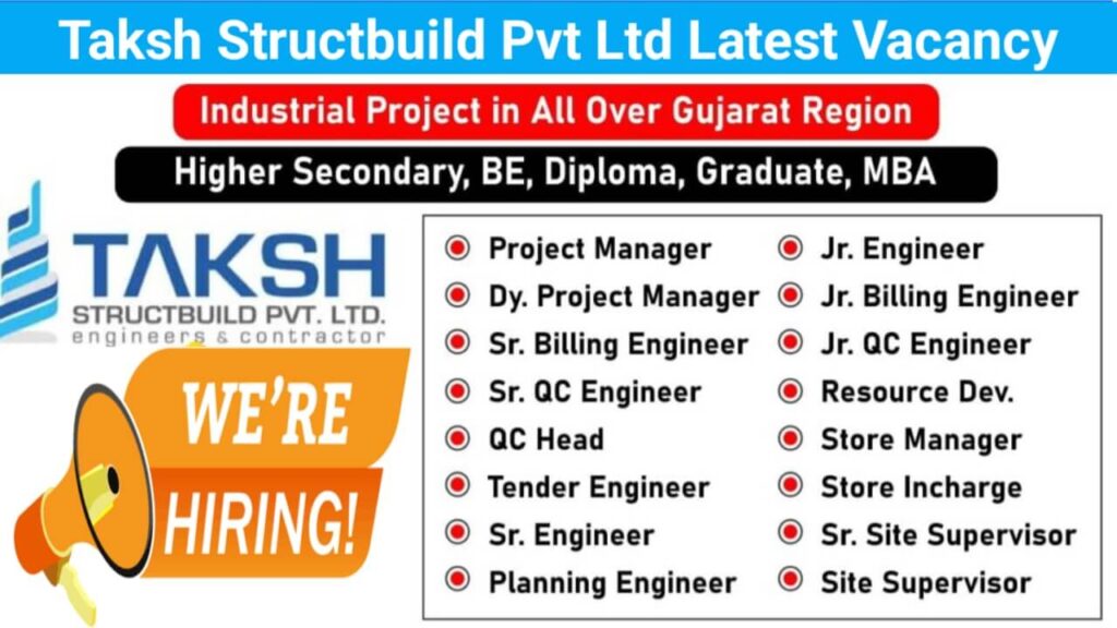 Taksh Structbuild Pvt Ltd Careers: Recruitment for Multiple Positions in Industrial Project in All Over Gujarat Region