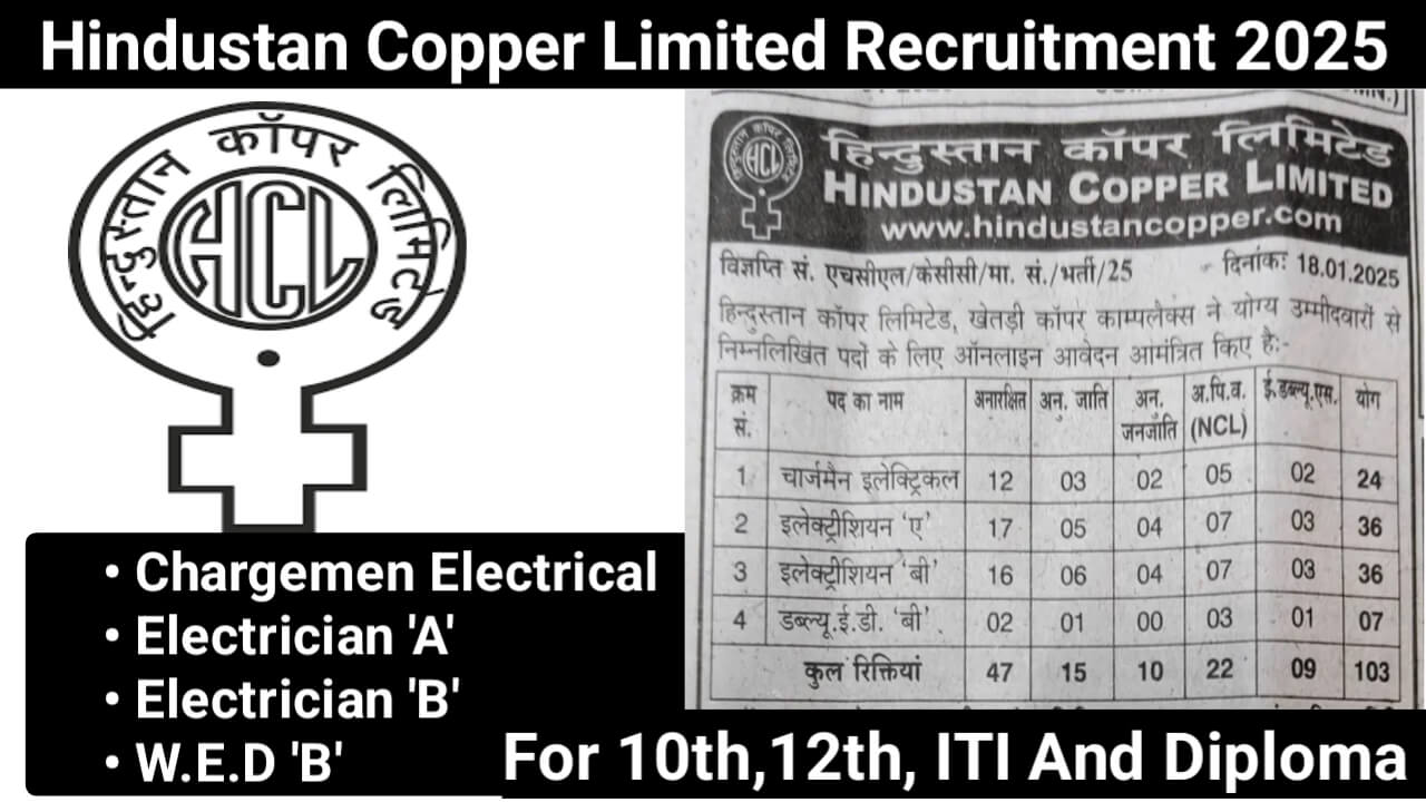 Hindustan Copper Limited Recruitment 2025 | for ITI, Diploma, and Technician pass candidates. Apply before 25th February 2025