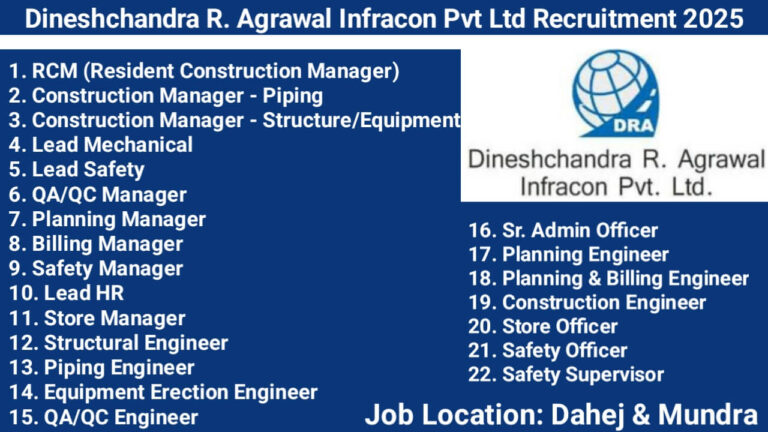 Dineshchandra R. Agrawal Infracon Pvt Ltd Recruitment 2025 | for Construction, Mechanical, Safety, QA/QC, Billing, Planning, and HR