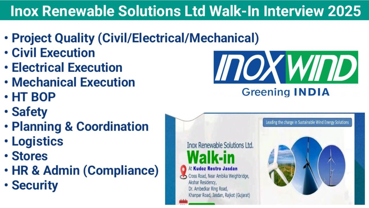 Inox Renewable Solutions Ltd Walk-In Interview 2025 | Job Location: Gujarat, Rajasthan, Tamil Nadu, Madhya Pradesh