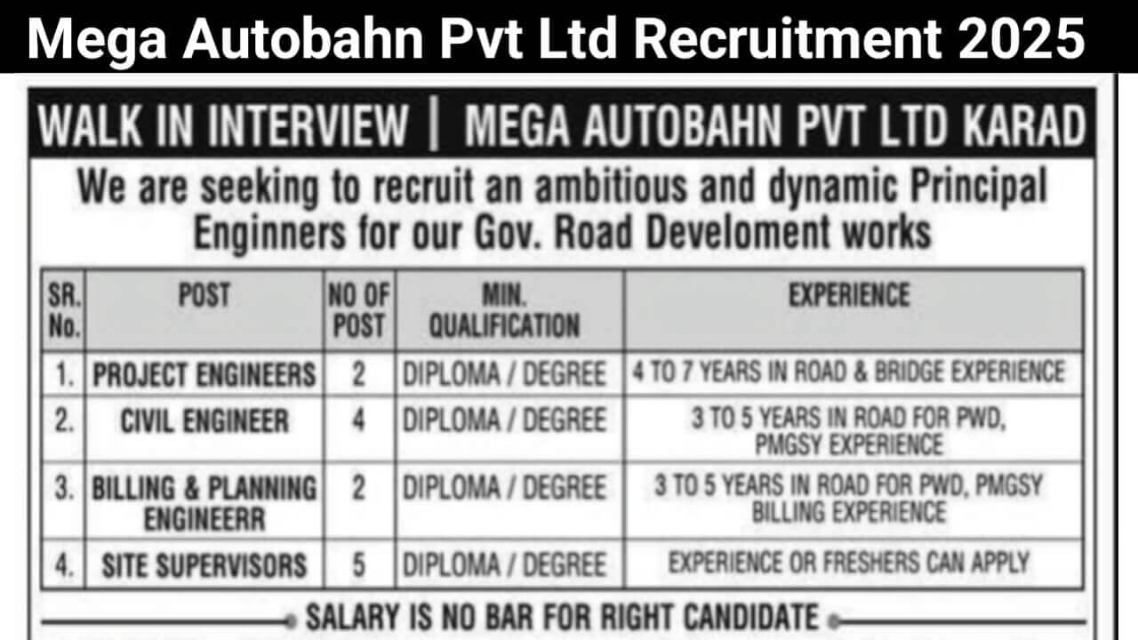 Mega Autobahn Pvt Ltd Recruitment 2025 | For road and bridge construction (PWD, PMGSY projects)