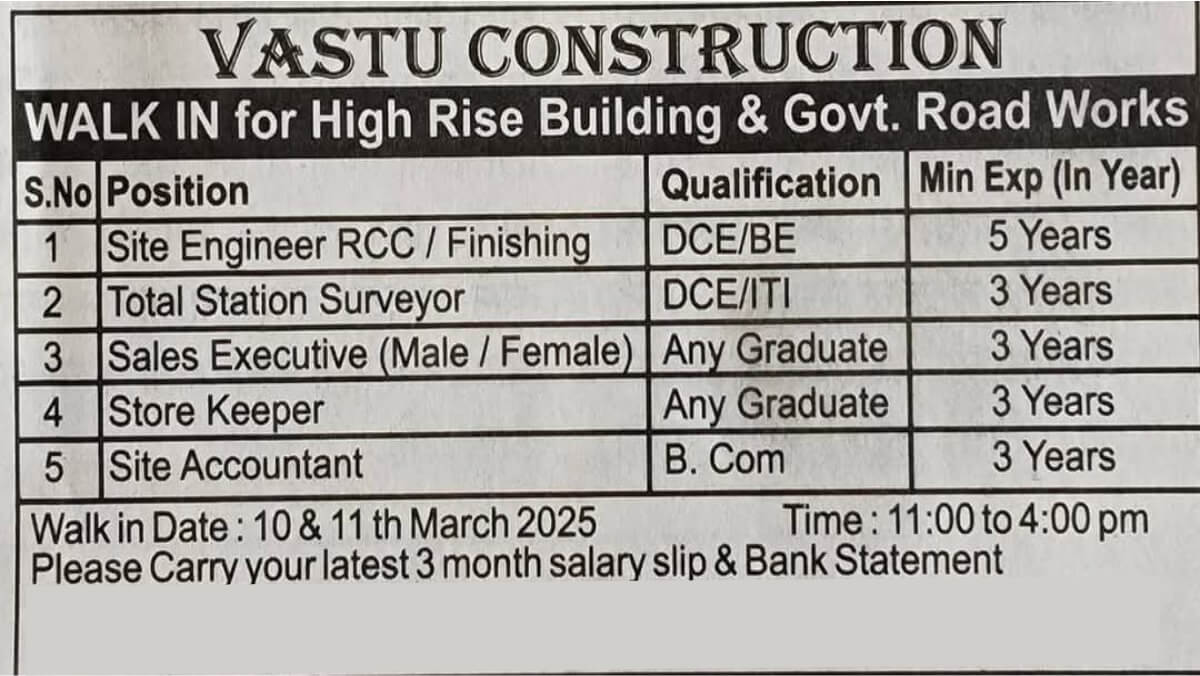 Vastu Construction Job Vacancy