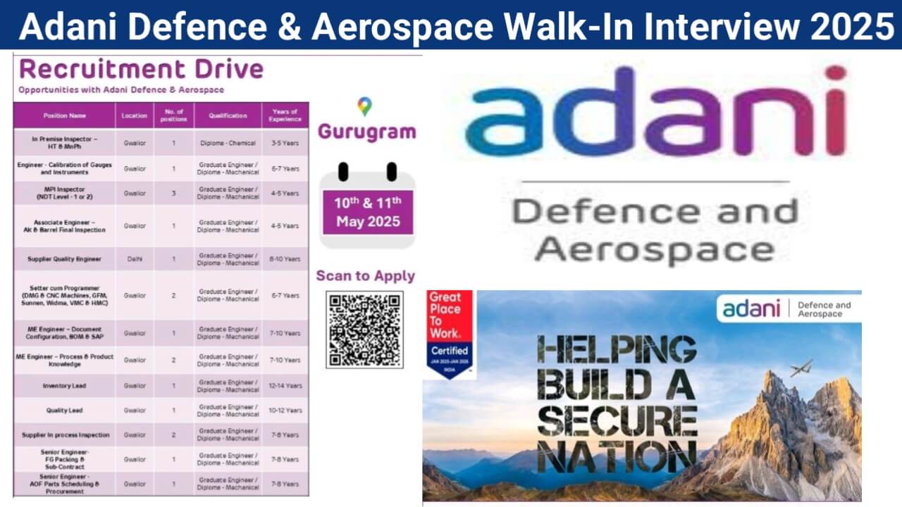 Adani Defence & Aerospace Walk-In Drive 2025 | Dates: 10th & 11th May 2025 | For Graduate/Diploma – Mechanical