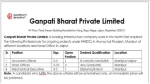 Ganpati Bharat Private Limited Recruitment 2025 | Job Location: Arunachal Pradesh, Manipur