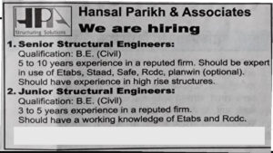 Structural Engineer Job Vacancies 2025 – Apply Now at Hansal Parikh & Associates